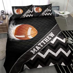 Personalized Football Quilt Bedding Set, Football Ball Smoke Zig Zag Black Quilt Blanket With Pillowcases, Custom Name Duvet Cover Set
