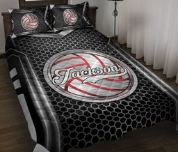 Personalized Volleyball Quilt Bedding Set, Volleyball Ball B&W Quilt Blanket With Pillowcases, Custom Name Duvet Cover Set