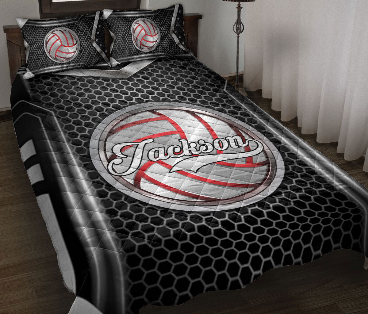 Personalized Volleyball Quilt Bedding Set, Volleyball Ball B&W Quilt Blanket With Pillowcases, Custom Name Duvet Cover Set