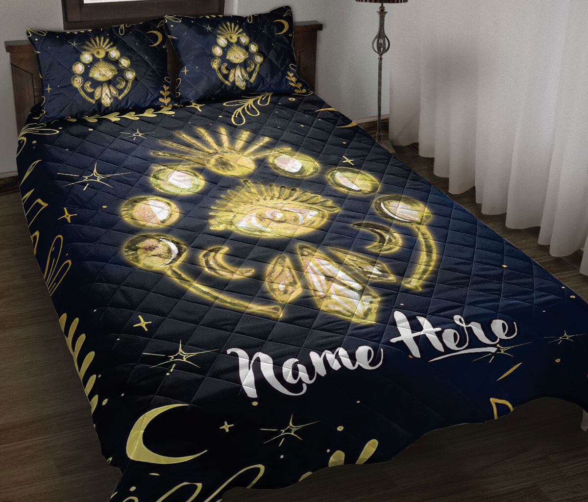 Personalized Matiasma Quilt Bedding Set, Nazar Greek Matiasma Mati Evil Mataki Eye Moon Phase Quilt Blanket With Pillowcases, Duvet Cover Set