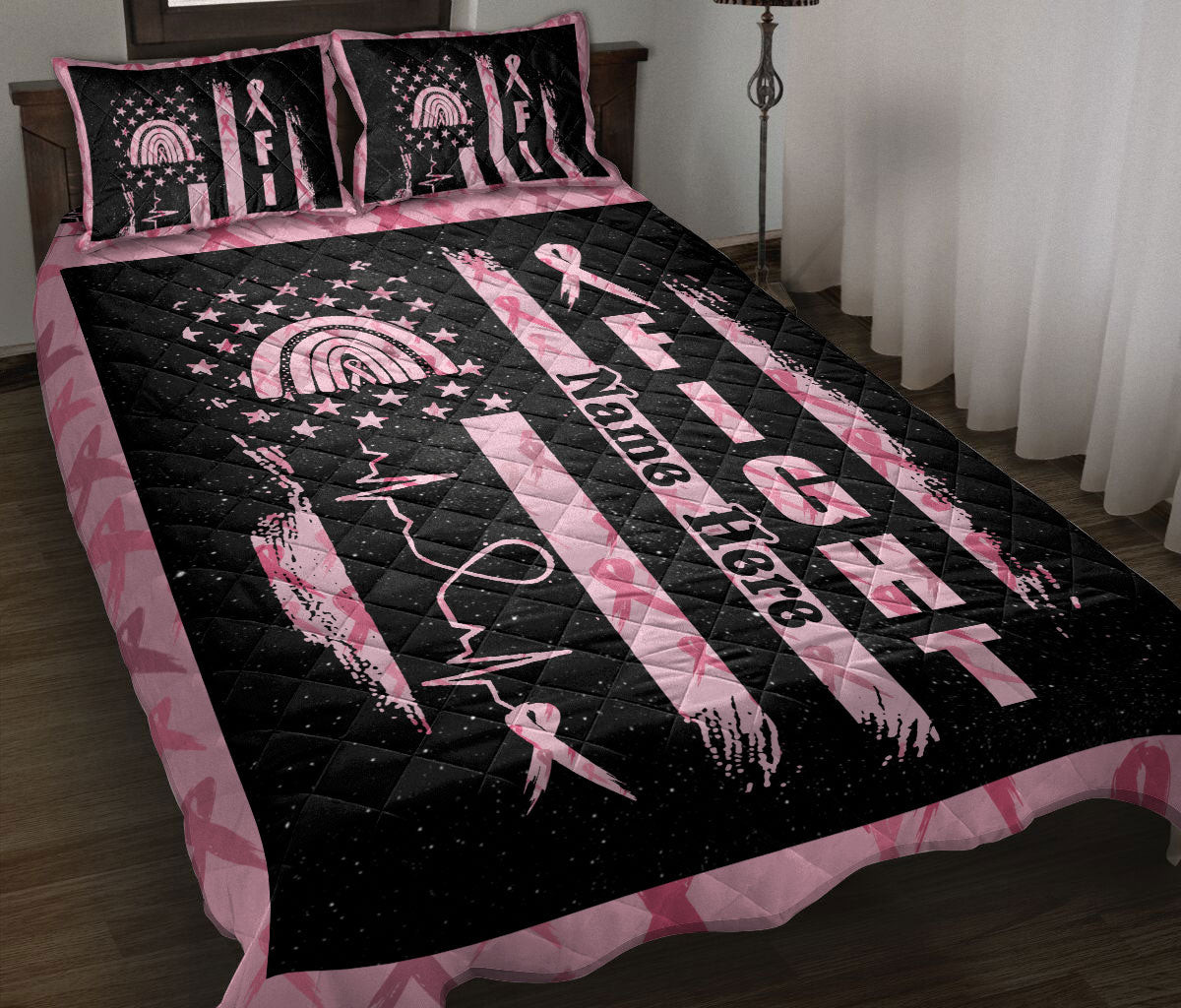 Personalized Breast Cancer Quilt Bedding Set, Breast Cancer Fight Awareness Get Well Soon Quilt Blanket With Pillowcases, Duvet Cover Set