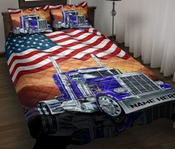 Personalized Trucker Quilt Bedding Set, Blue Truck American US Flag Patriot Trucker Quilt Blanket With Pillowcases, Custom Name Duvet Cover Set