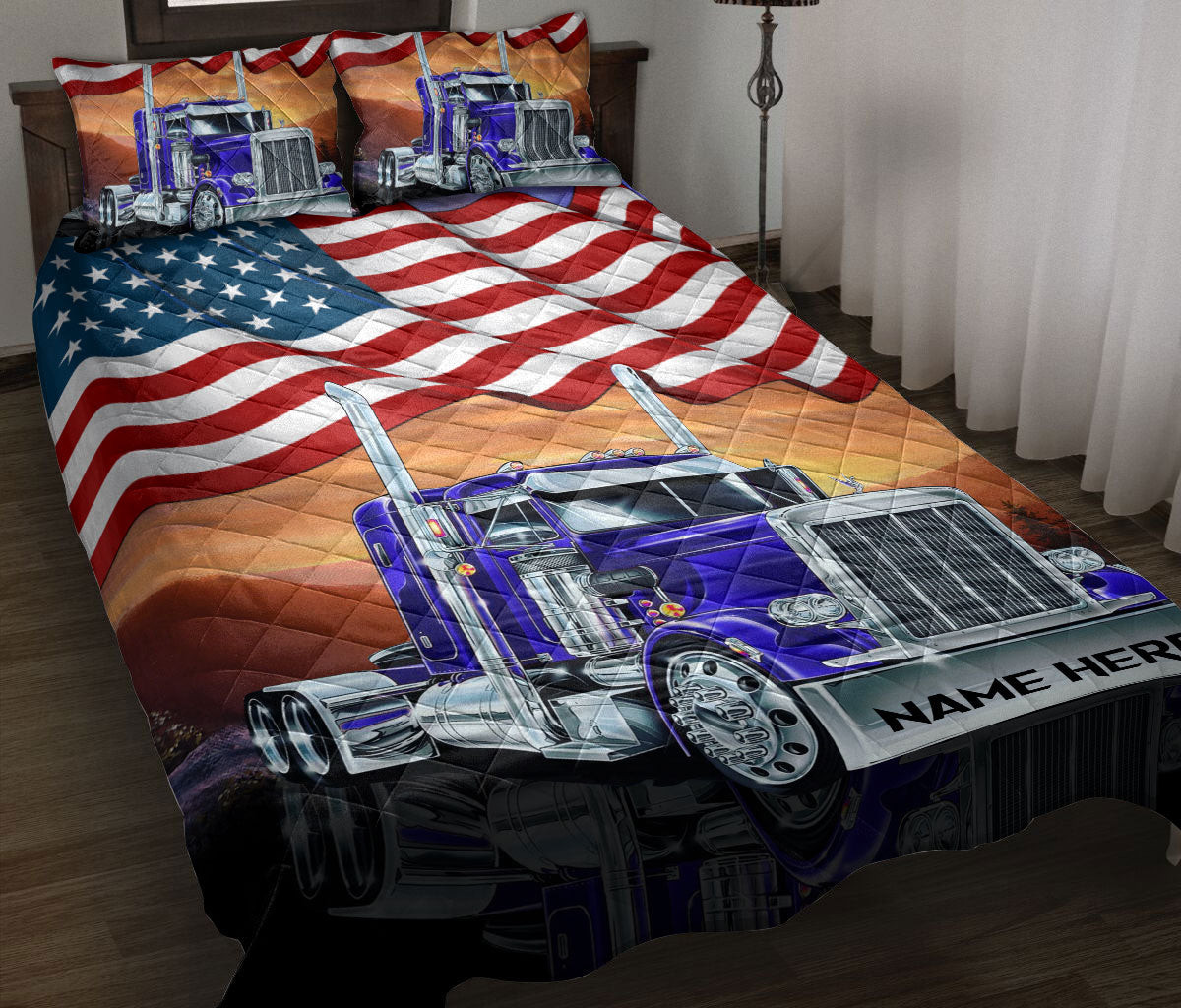 Personalized Trucker Quilt Bedding Set, Blue Truck American US Flag Patriot Trucker Quilt Blanket With Pillowcases, Custom Name Duvet Cover Set