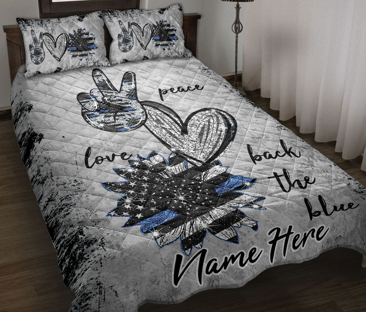 Personalized Police Quilt Bedding Set, Police Peace Love Back The Blue Thin Blue Line Quilt Blanket With Pillowcases, Duvet Cover Set