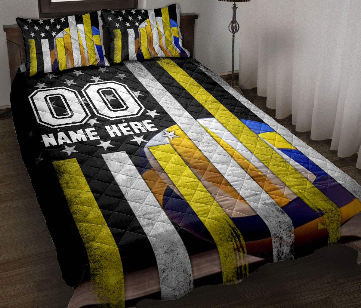 Personalized Volleyball Quilt Bedding Set, Volleyball Ball American US Flag Quilt Blanket With Pillowcases, Duvet Cover Set