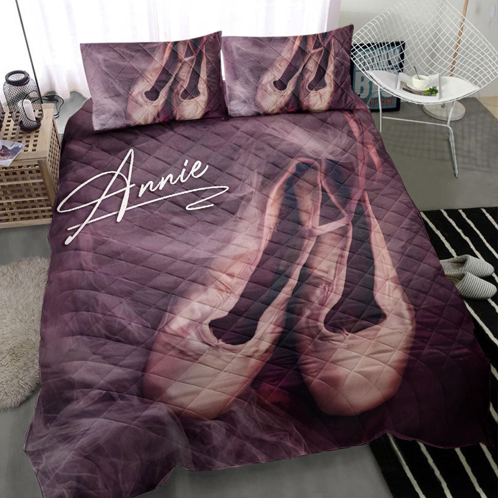 Personalized Ballet Quilt Bedding Set, Ballet Shoes Dancing Dancer Pinky Smoke Quilt Blanket With Pillowcases, Custom Name Duvet Cover Set