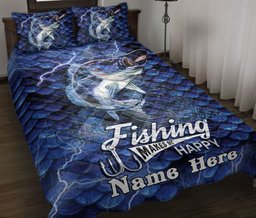 Personalized Fishing Quilt Bedding Set, Fishing Make Me Happy Blue Fish Scales Quilt Blanket With Pillowcases, Custom Name Duvet Cover Set