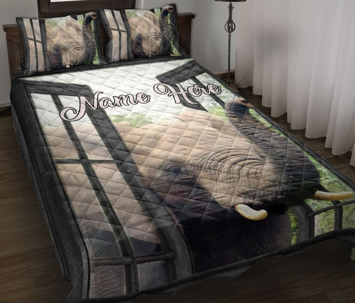 Personalized Elephant Quilt Bedding Set, Cute Elephant Window Elephant Quilt Blanket With Pillowcases, Custom Name Duvet Cover Set