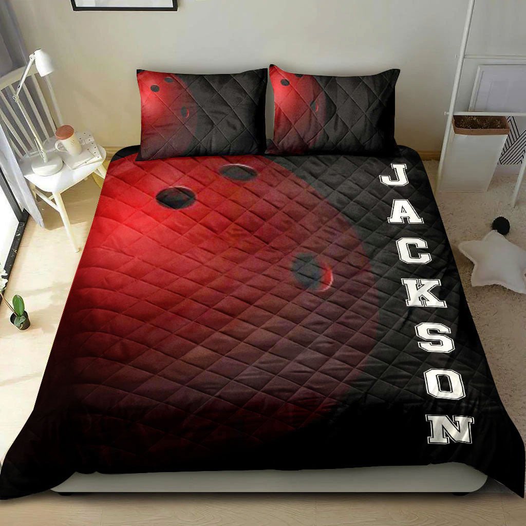 Personalized Bowling Quilt Bedding Set, Red Bowling Ball Black Quilt Blanket With Pillowcases, Custom Name Duvet Cover Set