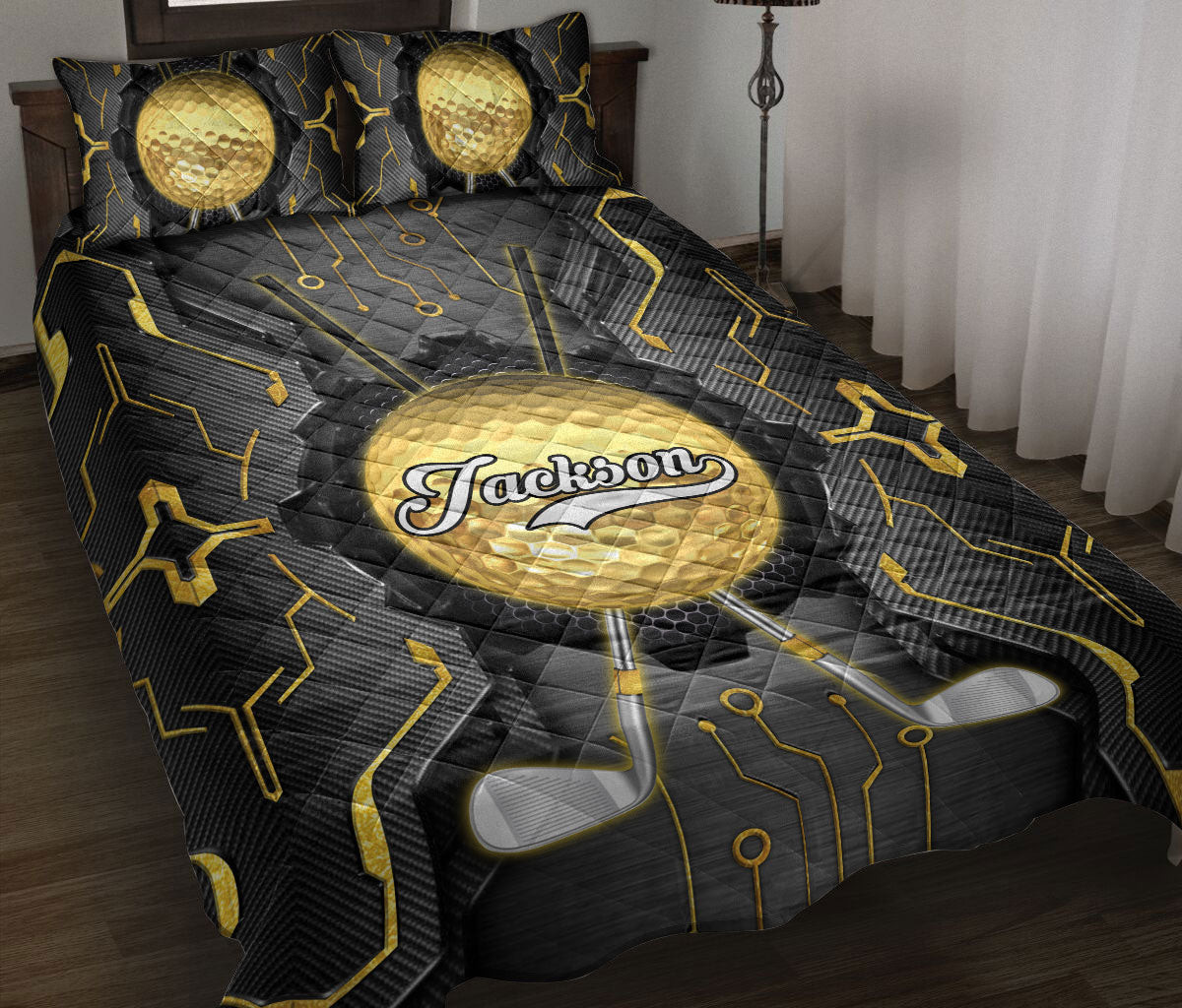 Personalized Golf Quilt Bedding Set, Yellow Golf Ball Black & Golden Quilt Blanket With Pillowcases, Custom Name Duvet Cover Set