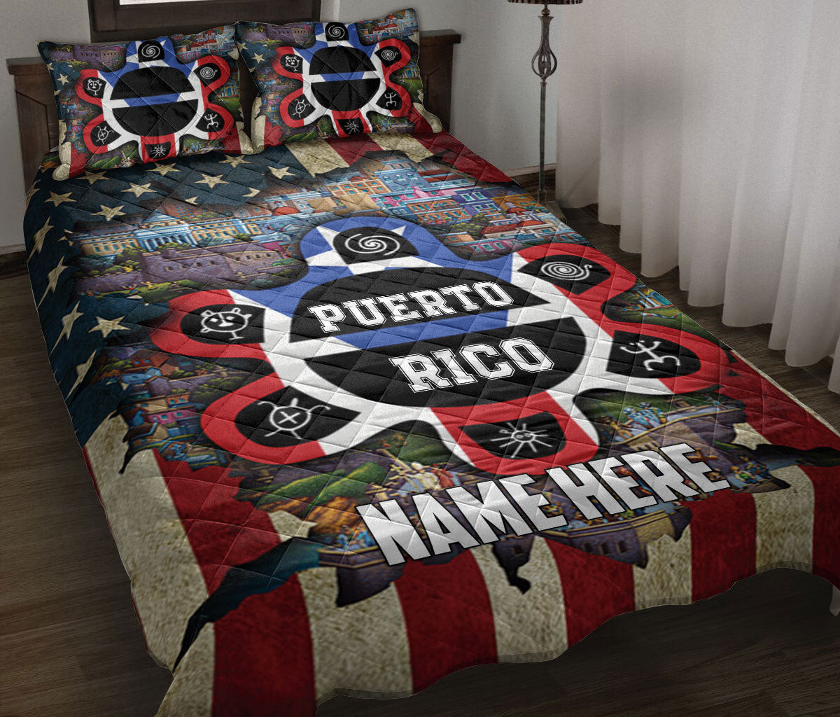 Personalized Puerto Rico Quilt Bedding Set, Puerto Rico Symbol US Flag Quilt Blanket With Pillowcases, Custom Name Duvet Cover Set