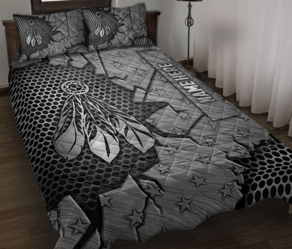 Personalized Native American Quilt Bedding Set, Native American Feather Crack Silver Quilt Blanket With Pillowcases, Custom Name Duvet Cover Set