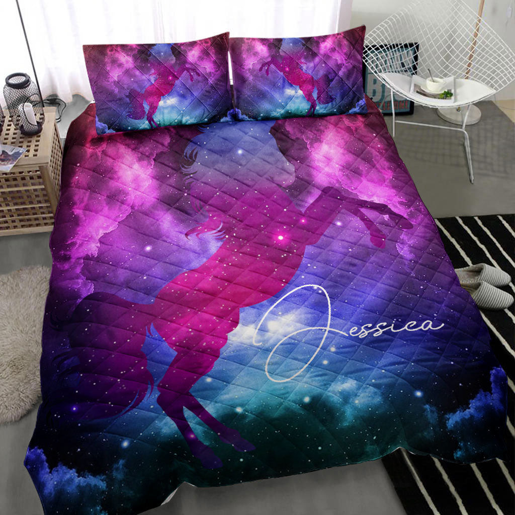 Personalized Unicorn Quilt Bedding Set, Galaxy Universe Unicorn Magical Girl Quilt Blanket With Pillowcases, Custom Name Duvet Cover Set