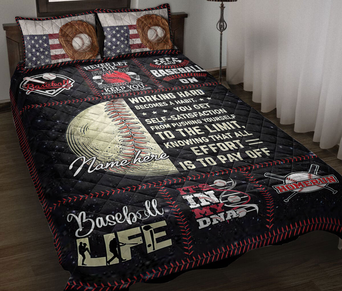 Personalized Baseball Quilt Bedding Set, Patchwork Baseball Ball Black Quilt Blanket With Pillowcases, Custom Name Duvet Cover Set, Sports Gifts