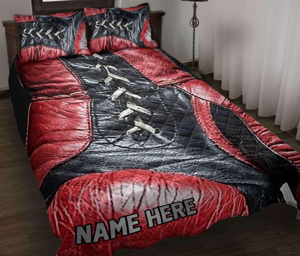 Personalized Boxing Quilt Bedding Set, Boxing Red Gloves Black Quilt Blanket With Pillowcases, Custom Name Duvet Cover Set