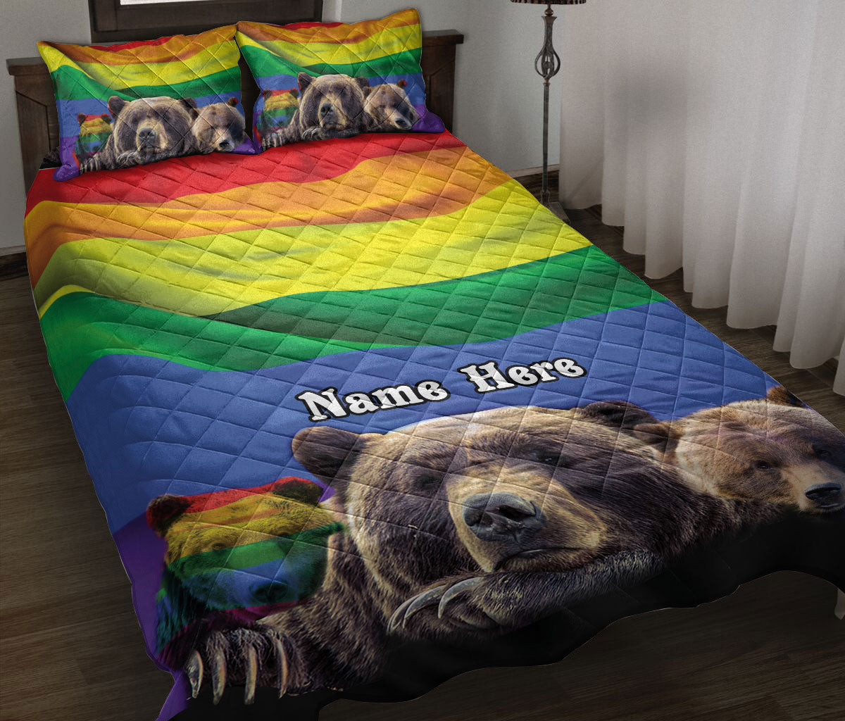 Personalized LGBTQuilt Bedding Set, LGBTBear Love Is Love Love Wins Pride Quilt Blanket With Pillowcases, Custom Name Duvet Cover Set