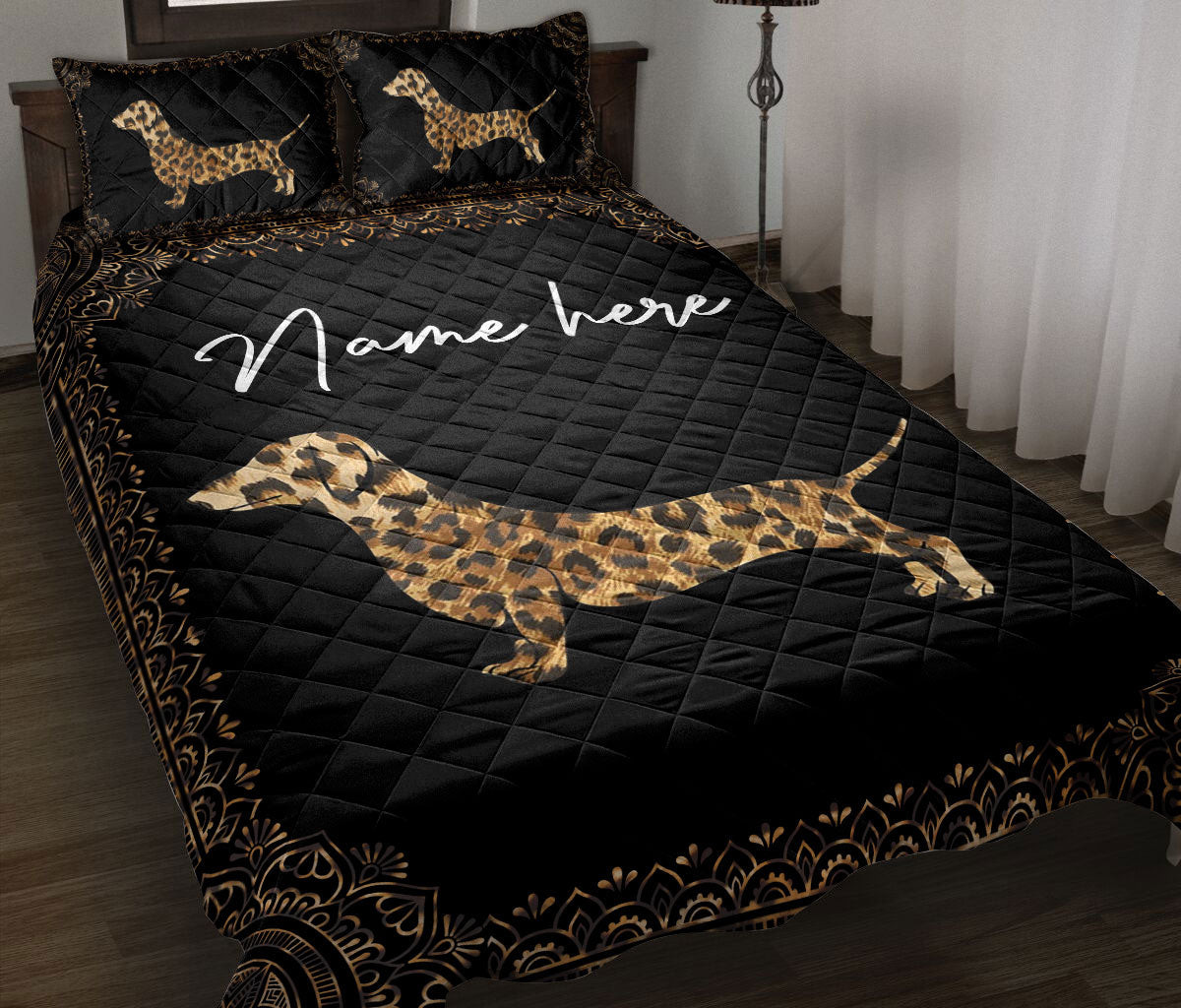Personalized Dachshund Quilt Bedding Set, Dachshund Weiner Doxie Dog Mandala Quilt Blanket With Pillowcases, Custom Name Duvet Cover Set