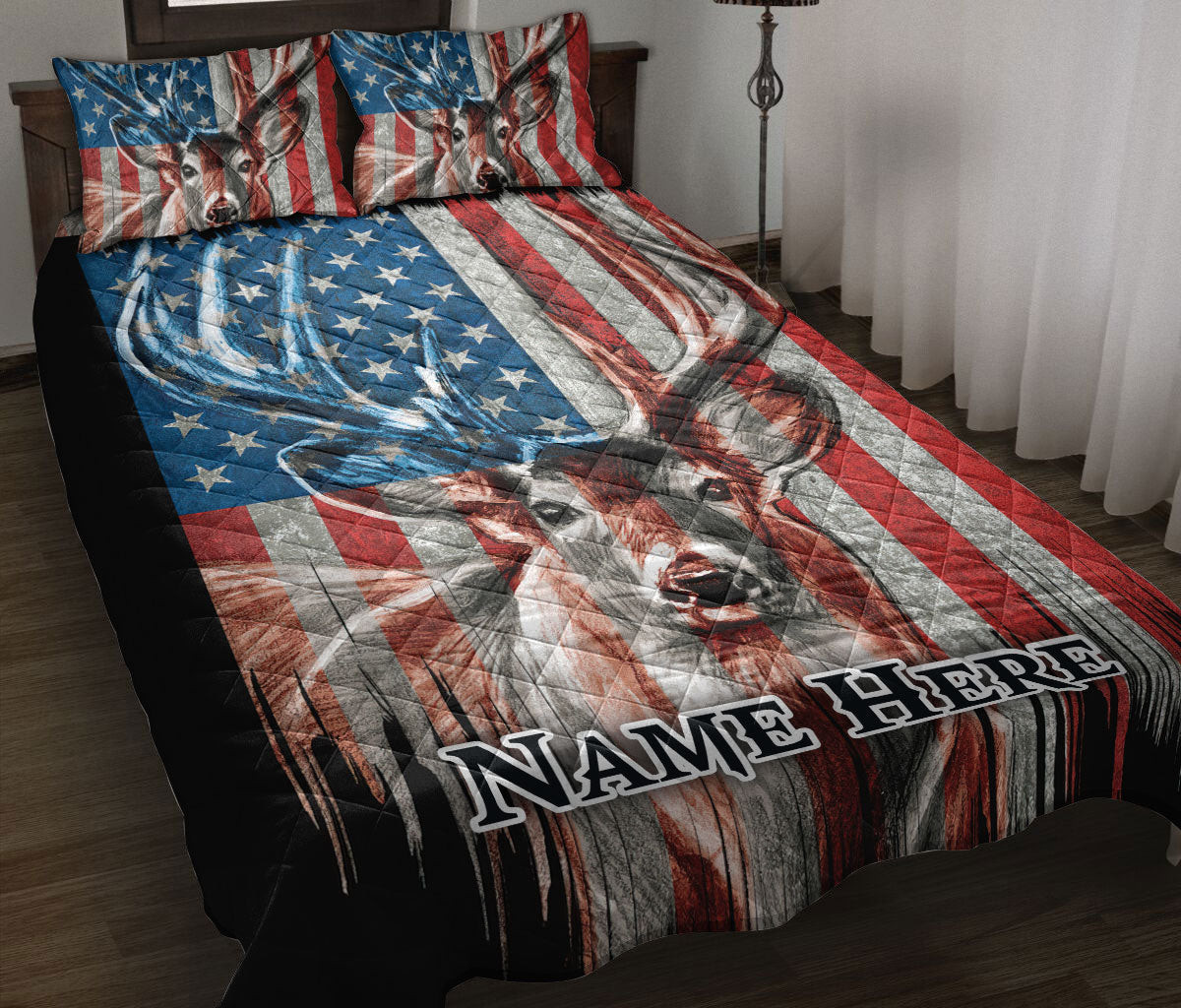 Personalized Hunting Quilt Bedding Set, Deer Hunting American US Flag Patriotic Quilt Blanket With Pillowcases, Custom Name Duvet Cover Set