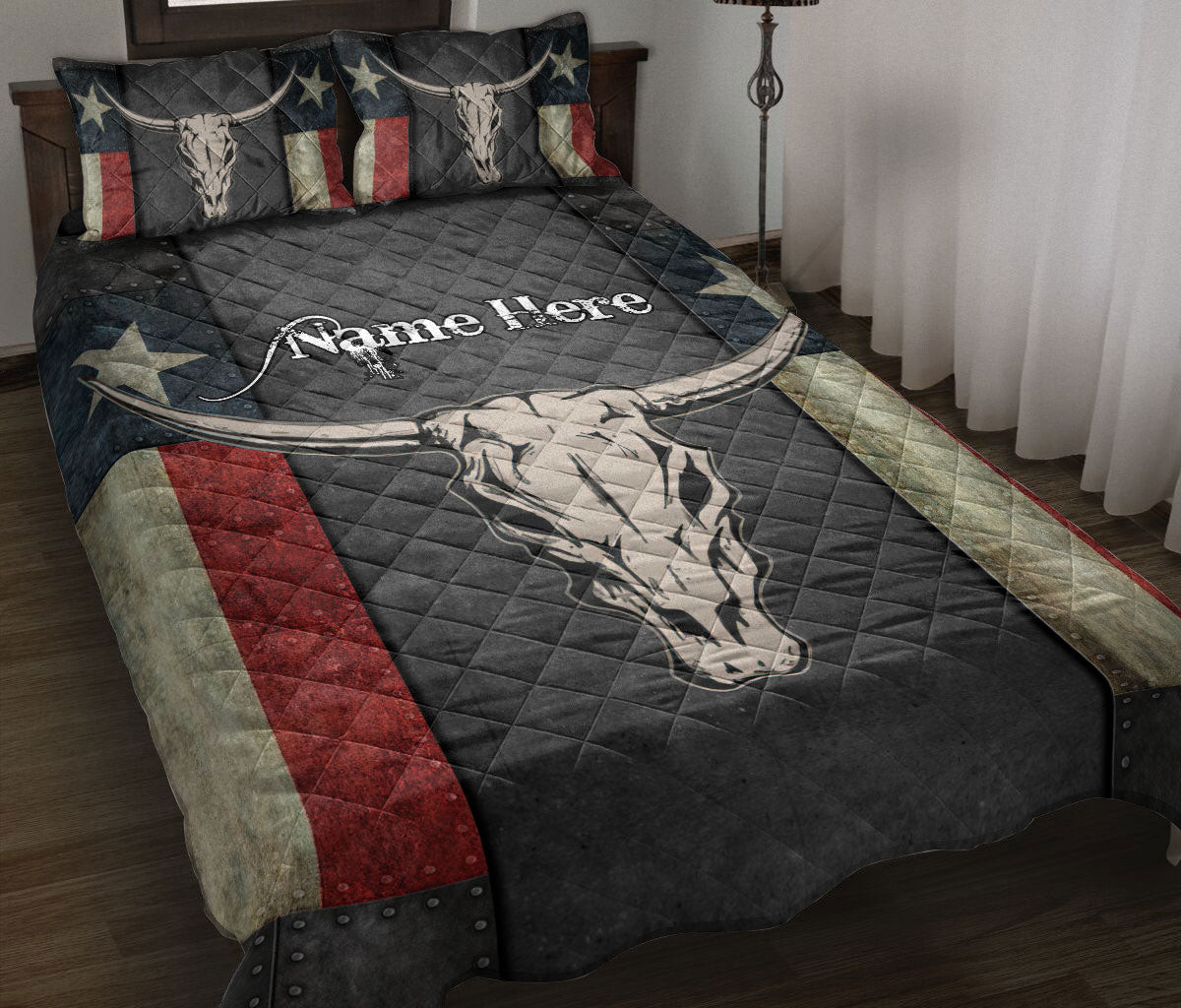 Personalized Skull Quilt Bedding Set, Western Texas Cow Skull Texas Flag Wild West Cowboy Quilt Blanket With Pillowcases, Duvet Cover Set