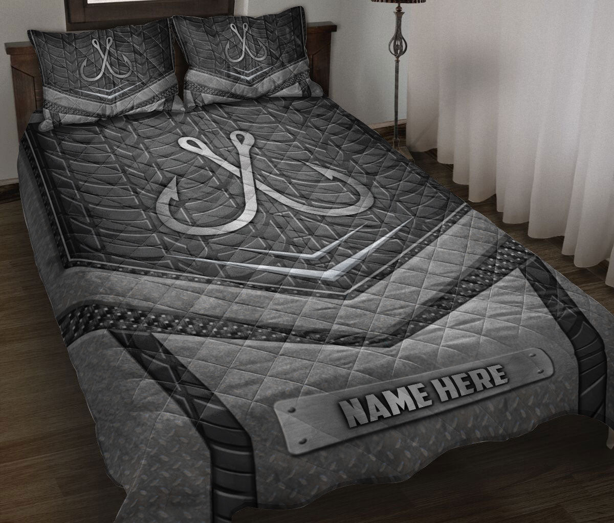 Personalized Fishing Quilt Bedding Set, Fishing Hook Silvers Quilt Blanket With Pillowcases, Custom Name Duvet Cover Set