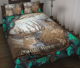 Personalized Hunting Quilt Bedding Set, Hunting Turquoise Deer Horn Quilt Blanket With Pillowcases, Custom Name Duvet Cover Set