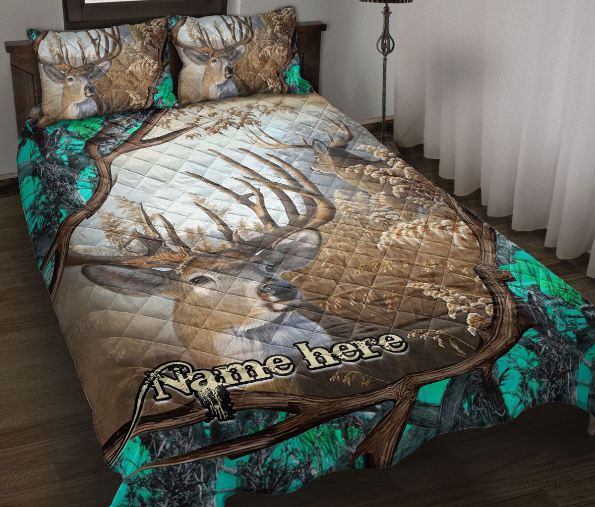 Personalized Hunting Quilt Bedding Set, Hunting Turquoise Deer Horn Quilt Blanket With Pillowcases, Custom Name Duvet Cover Set