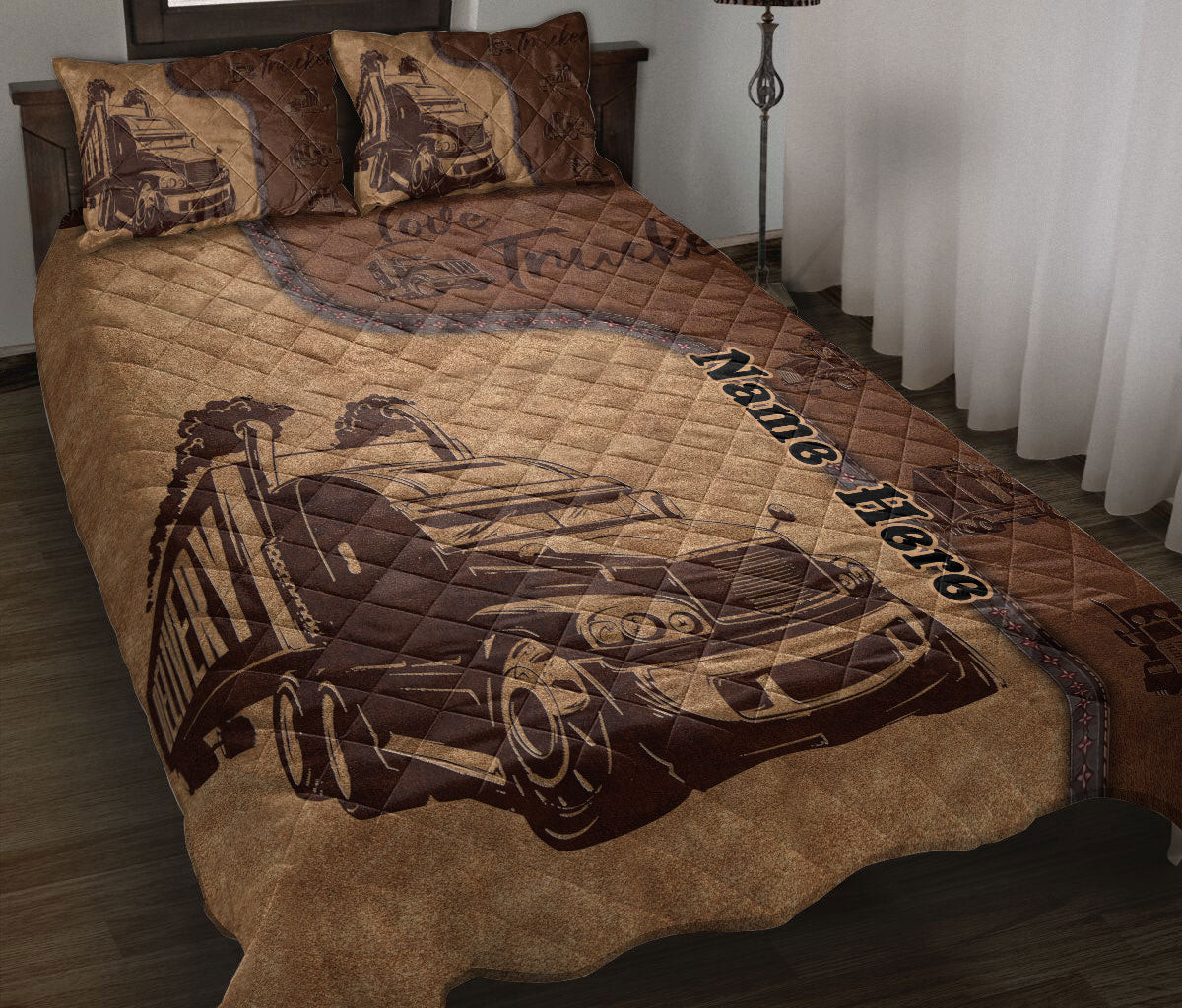 Personalized Trucker Quilt Bedding Set, Love Trucker Truck Driver Quilt Blanket With Pillowcases, Custom Name Duvet Cover Set