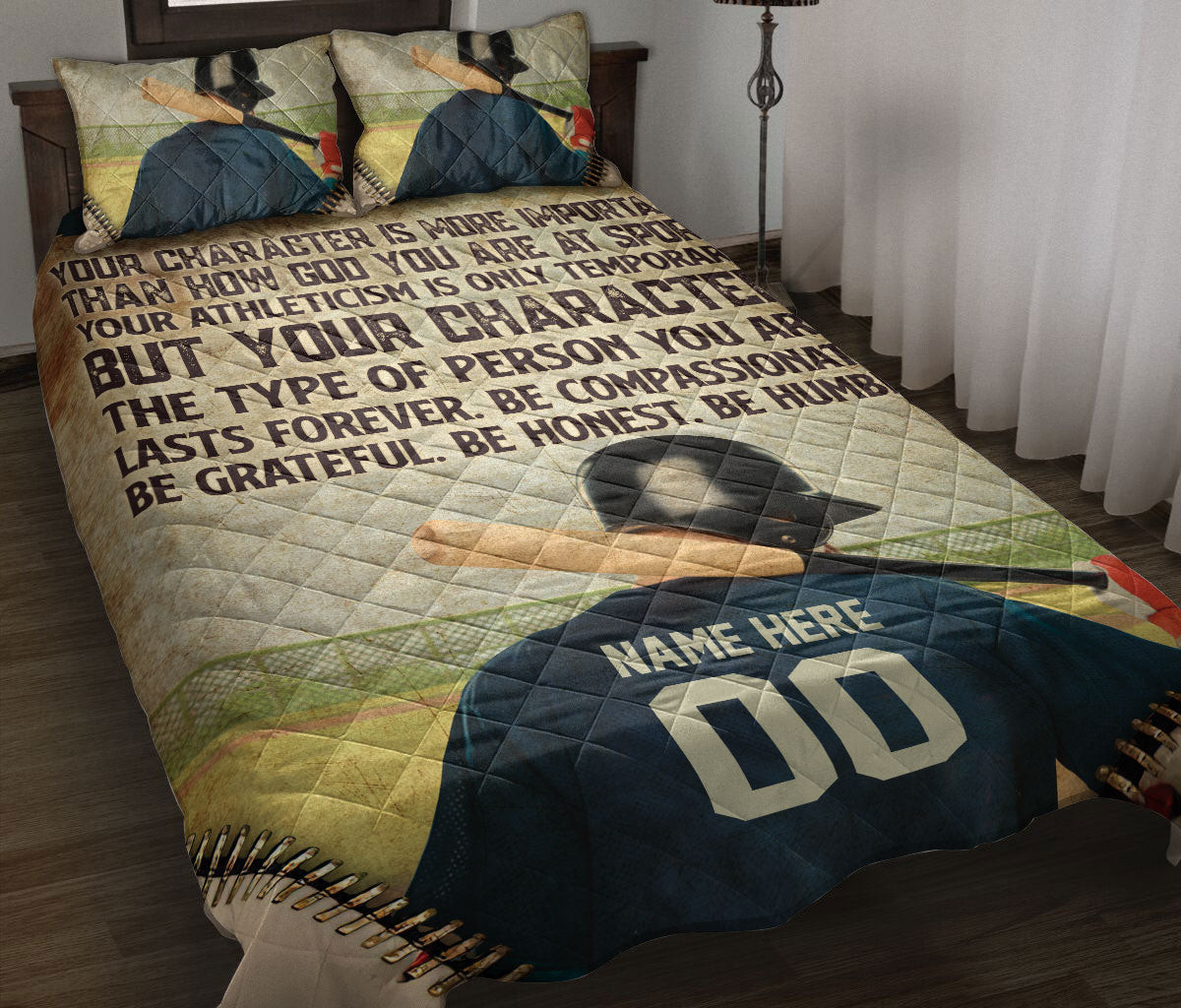 Personalized Baseball Quilt Bedding Set, Baseball Pitcher Be Grateful Be Honest Quilt Blanket With Pillowcases, Duvet Cover Set