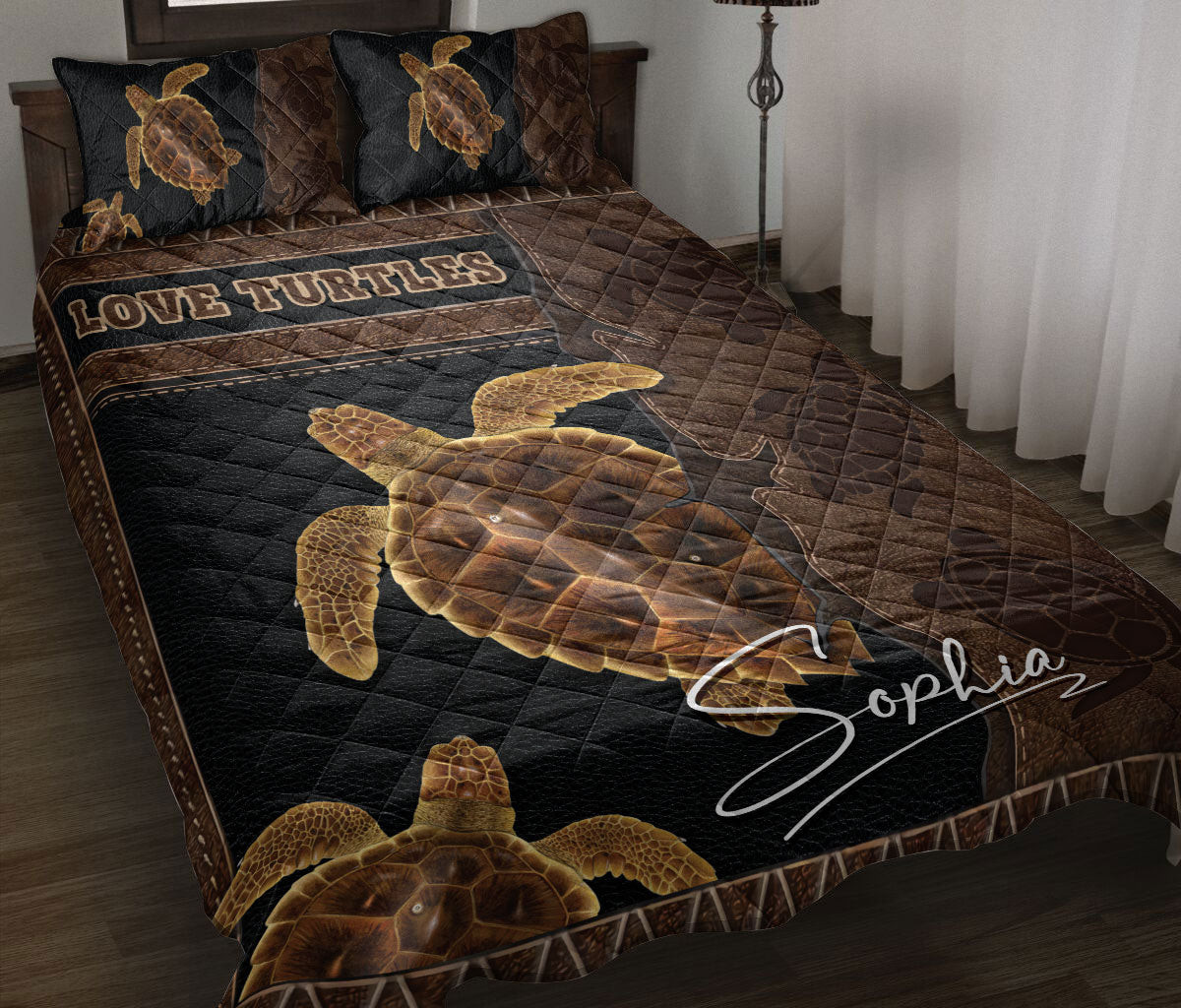Personalized Turtle Quilt Bedding Set, Love Turtle Sea Ocean Seasonal Quilt Blanket With Pillowcases, Custom Name Duvet Cover Set