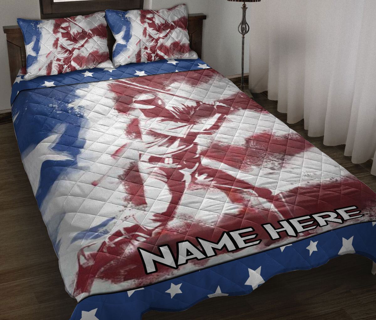 Personalized Baseball Quilt Bedding Set, Baseball Batter American US Flag Quilt Blanket With Pillowcases, Custom Name Duvet Cover Set, Sports Gifts