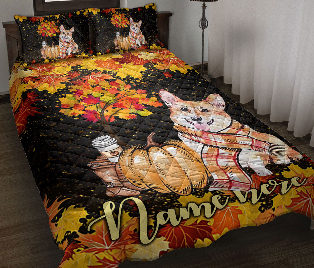 Personalized Corgi Quilt Bedding Set, Corgi Dog Pumpkin Welcome Autumn Happy Fall Y'All Quilt Blanket With Pillowcases, Duvet Cover Set