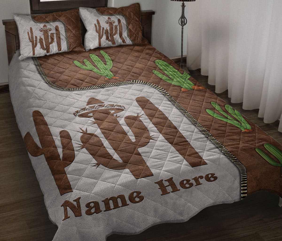 Personalized CactUSQuilt Bedding Set, CactUSWild West Western Cowgirl Quilt Blanket With Pillowcases, Custom Name Duvet Cover Set