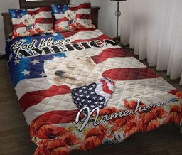 Personalized West Highland Quilt Bedding Set, Westie West Highland Dog God Bless US Flag Quilt Blanket With Pillowcases, Duvet Cover Set