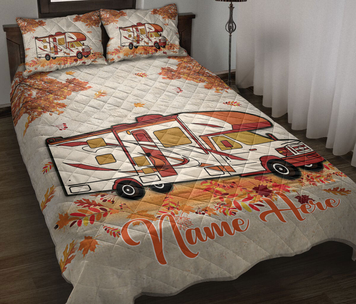 Personalized Camping Quilt Bedding Set, Fall Camping Camper Class C Rvs Quilt Blanket With Pillowcases, Custom Name Duvet Cover Set