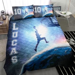 Personalized Basketball Quilt Bedding Set, Basketball Player Blue Galaxy Universe Quilt Blanket With Pillowcases, Duvet Cover Set