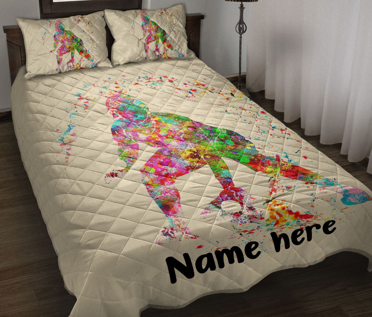 Personalized Softball Quilt Bedding Set, Softball Catcher Girl Players Quilt Blanket With Pillowcases, Custom Name Duvet Cover Set