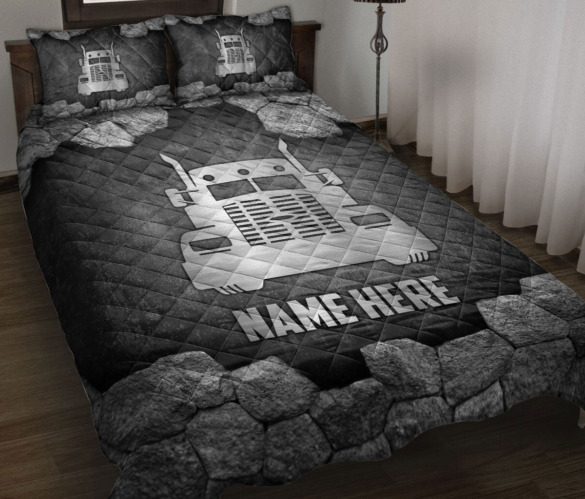 Personalized Trucker Quilt Bedding Set, Trucker Truck Driver Stone Silver Quilt Blanket With Pillowcases, Custom Name Duvet Cover Set