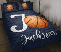 Personalized Basketball Quilt Bedding Set, Basketball Ball Navy Background Quilt Blanket With Pillowcases, Custom Name Duvet Cover Set