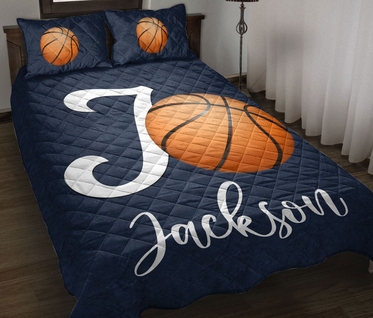 Personalized Basketball Quilt Bedding Set, Basketball Ball Navy Background Quilt Blanket With Pillowcases, Custom Name Duvet Cover Set
