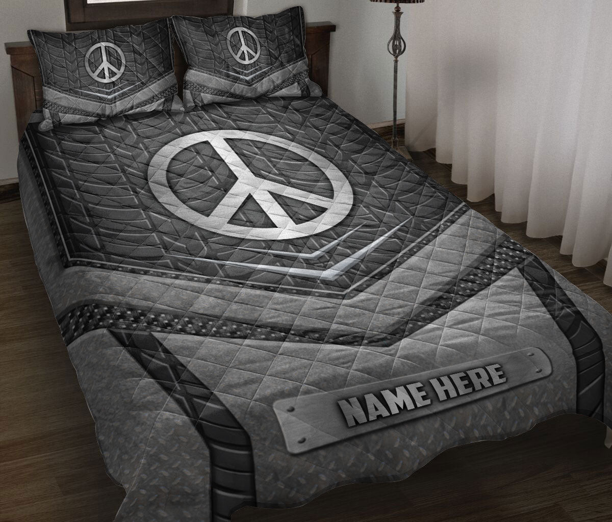 Personalized Hippie Quilt Bedding Set, Hippe Peace Sign Silvers Quilt Blanket With Pillowcases, Custom Name Duvet Cover Set