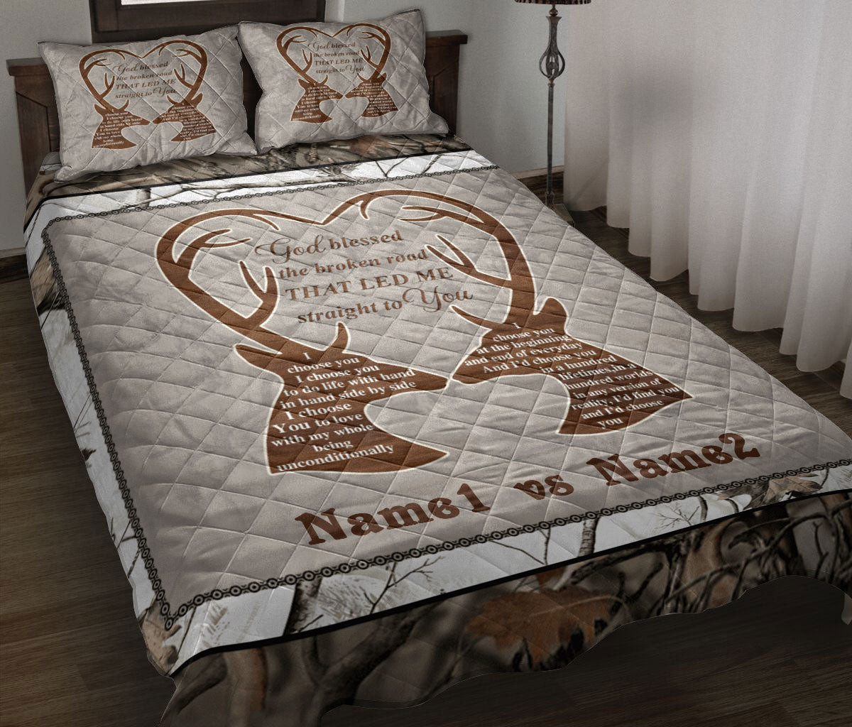 Personalized Hunting Quilt Bedding Set, Buck Doe Deer Couple I Choose You Hunting Deer Horn Quilt Blanket With Pillowcases, Duvet Cover Set