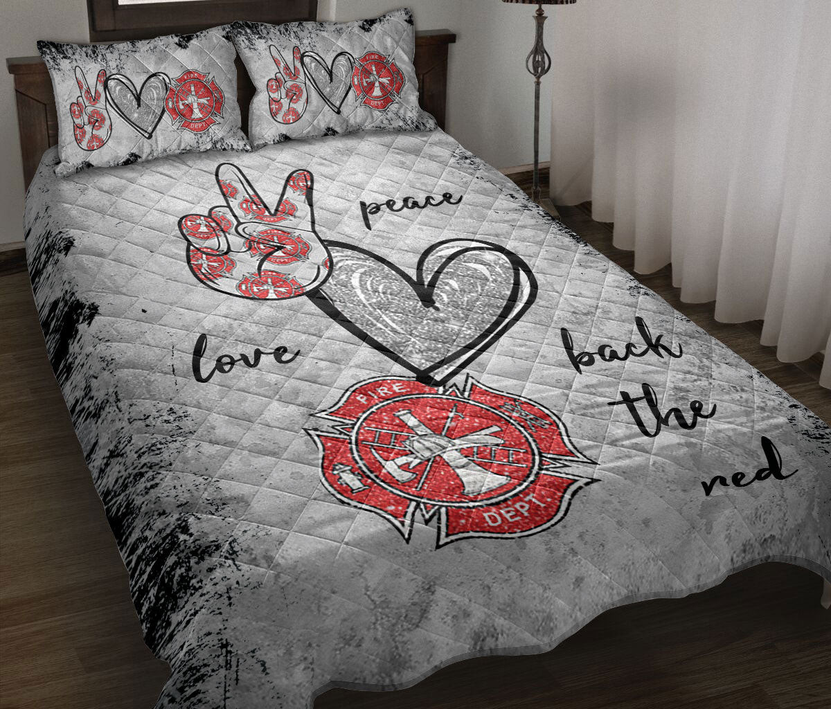 Personalized Firefighter Quilt Bedding Set, Firefighter Peace Love Back The Thin Red Line Quilt Blanket With Pillowcases, Duvet Cover Set