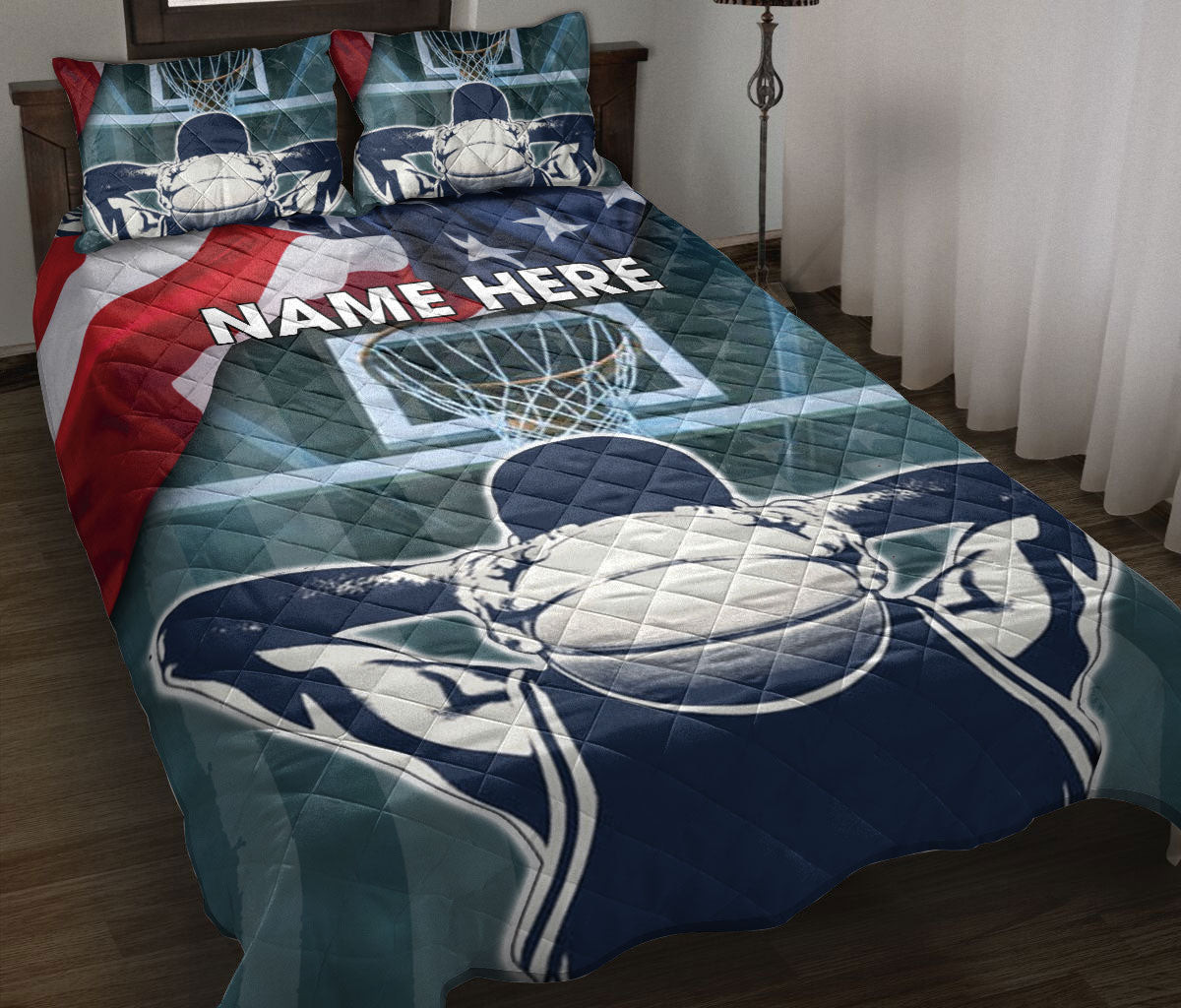 Personalized Basketball Quilt Bedding Set, Basketball US Flag Quilt Blanket With Pillowcases, Custom Name Duvet Cover Set