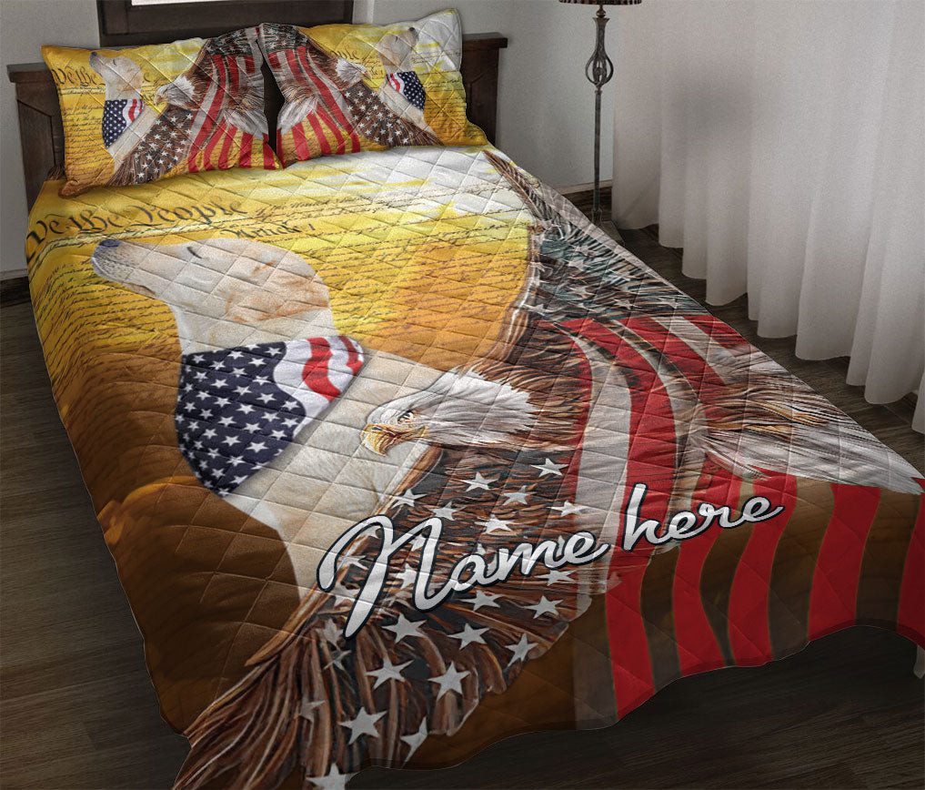 Personalized Labrador Retriever Quilt Bedding Set, Dog American Eagle US Flag Quilt Blanket With Pillowcases, Duvet Cover Set