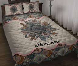 Personalized Sunflower Quilt Bedding Set, Sunflower Flower Floral Mandala Quilt Blanket With Pillowcases, Custom Name Duvet Cover Set