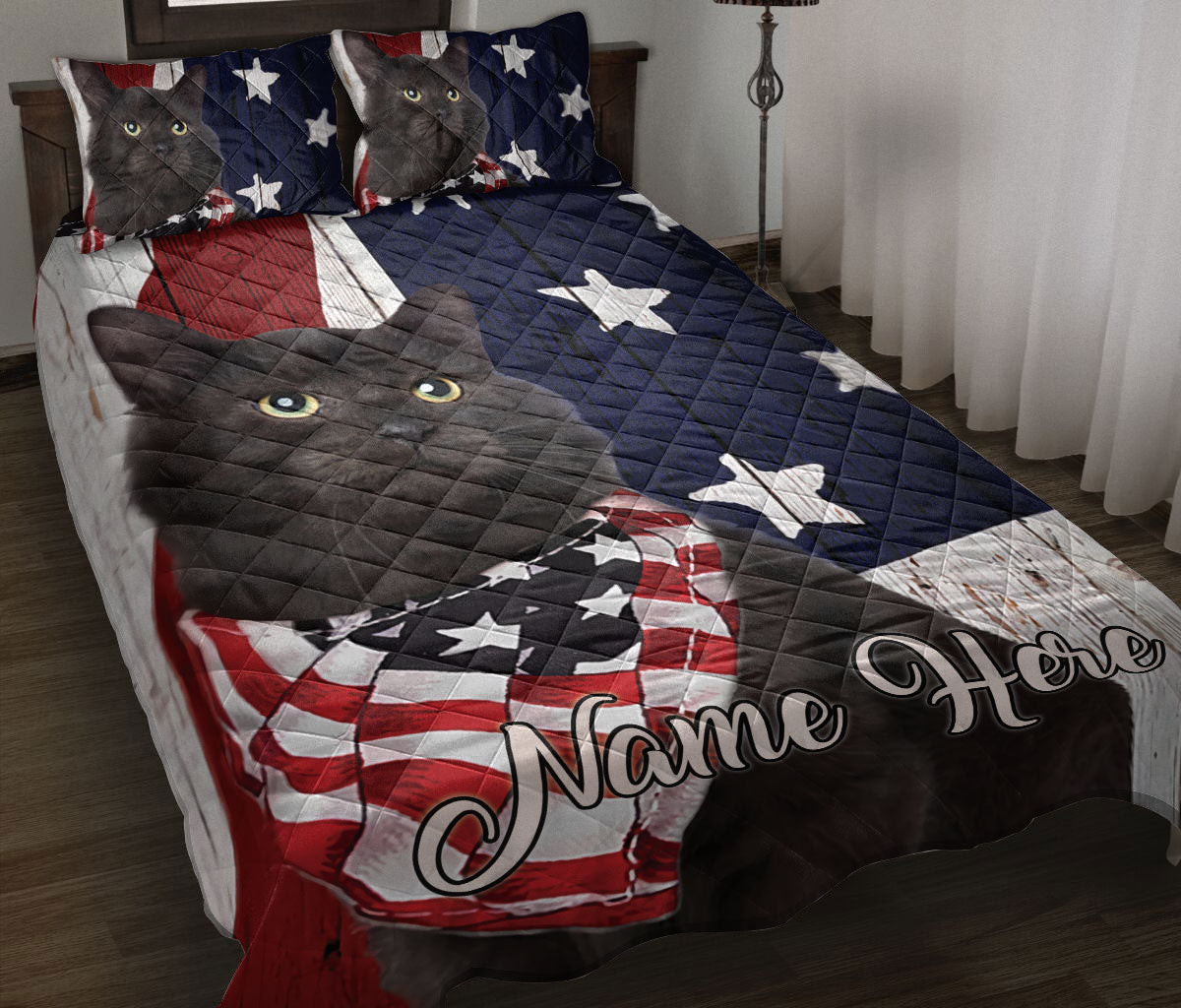 Personalized Black Cat,Cat Quilt Bedding Set, Black Cat US Flag Patriotic Cat Quilt Blanket With Pillowcases, Custom Name Duvet Cover Set