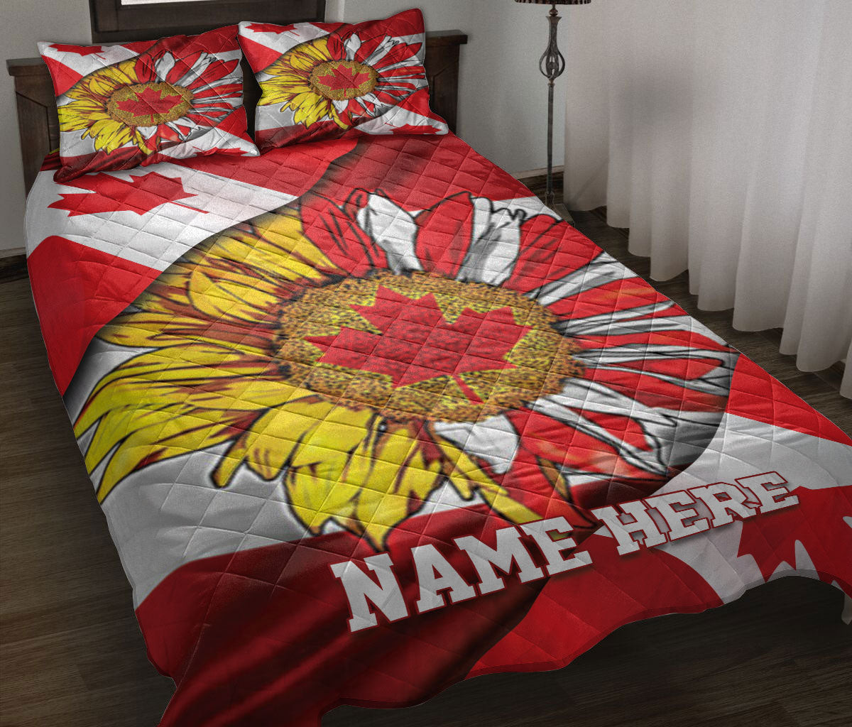Personalized Sunflower,Canadian Quilt Bedding Set, Canada Flag Sunflower Flag Maple Leaf Quilt Blanket With Pillowcases, Duvet Cover Set