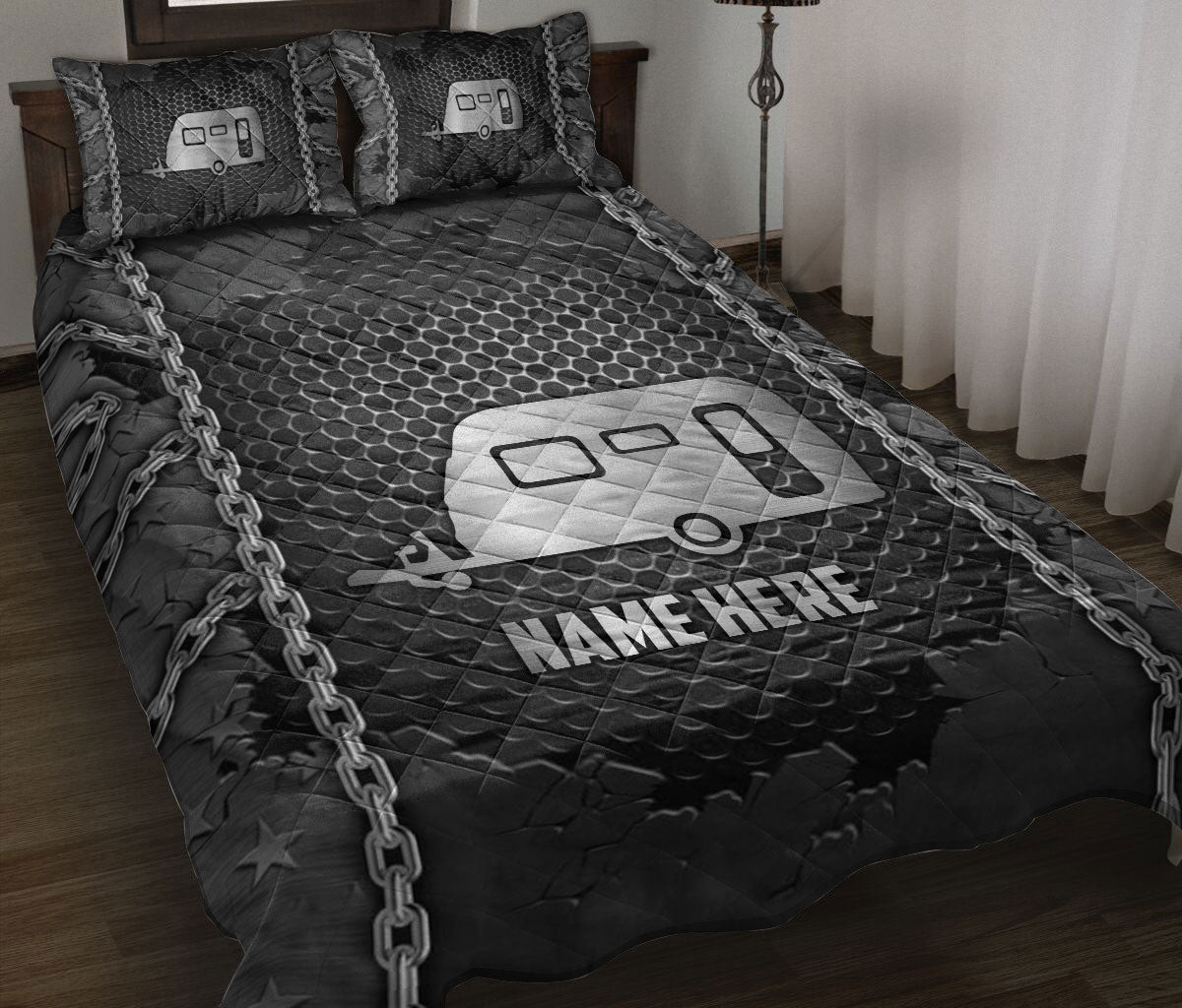Personalized Camping Quilt Bedding Set, Camping Camper Iron Chains Quilt Blanket With Pillowcases, Custom Name Duvet Cover Set