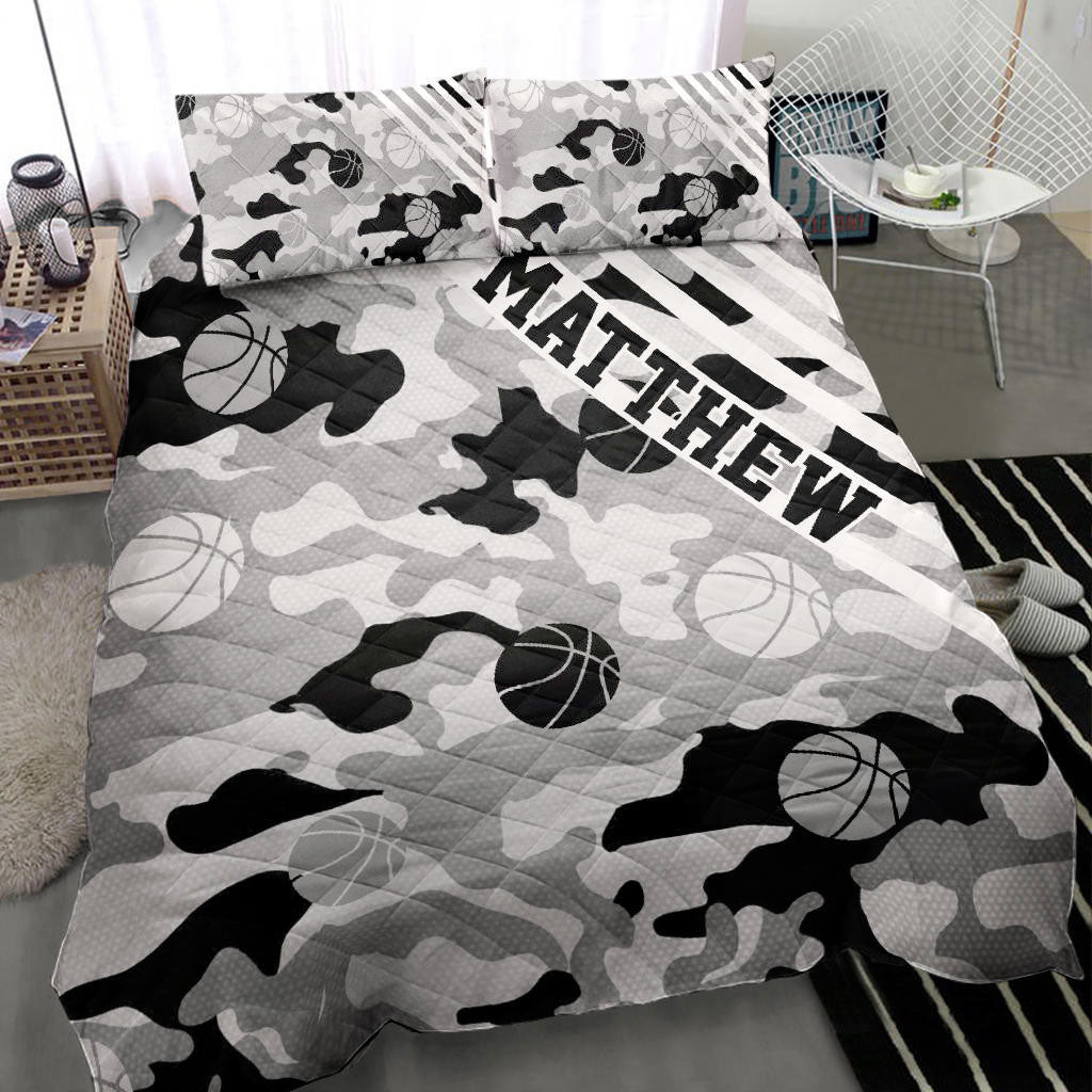Personalized Basketball Quilt Bedding Set, Basketball Black White Ball Quilt Blanket With Pillowcases, Custom Name Duvet Cover Set
