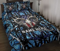 Personalized Hunting Quilt Bedding Set, Deer Hunter Hunting Blue US Flag Quilt Blanket With Pillowcases, Custom Name Duvet Cover Set